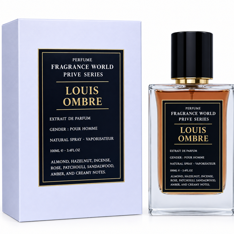 ادوپرفیوم مردانه لوئیس آمبره فراگرنس ورد Fragrance World Prive Series مدل Louis Ombre با رایحه گرم، چوبی و دودی 100 میلیلیتر